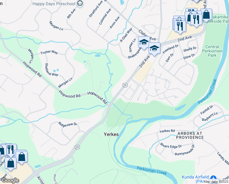 map of restaurants, bars, coffee shops, grocery stores, and more near 1719 S Collegeville Rd in Collegeville
