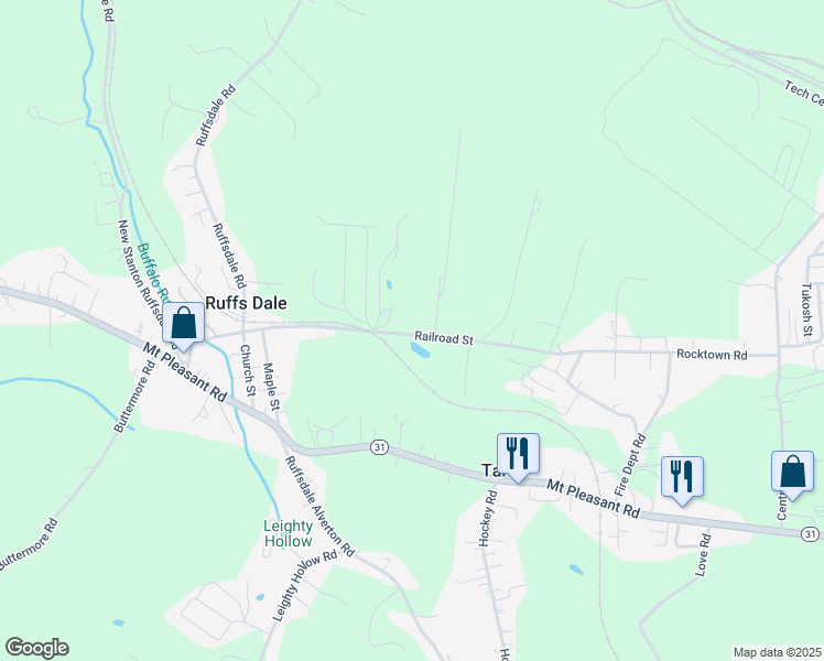 map of restaurants, bars, coffee shops, grocery stores, and more near 207 Railroad Street in Ruffs Dale