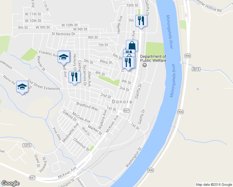 map of restaurants, bars, coffee shops, grocery stores, and more near 251 Thompson Avenue in Donora