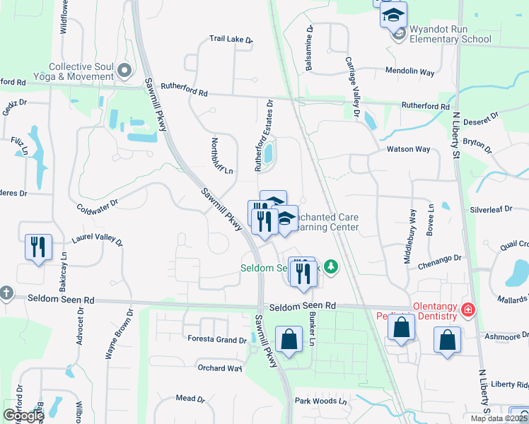 map of restaurants, bars, coffee shops, grocery stores, and more near in Shawnee Hills