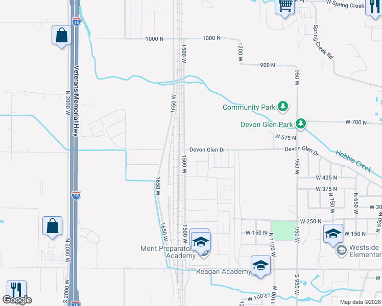 map of restaurants, bars, coffee shops, grocery stores, and more near 550 1500 West in Springville