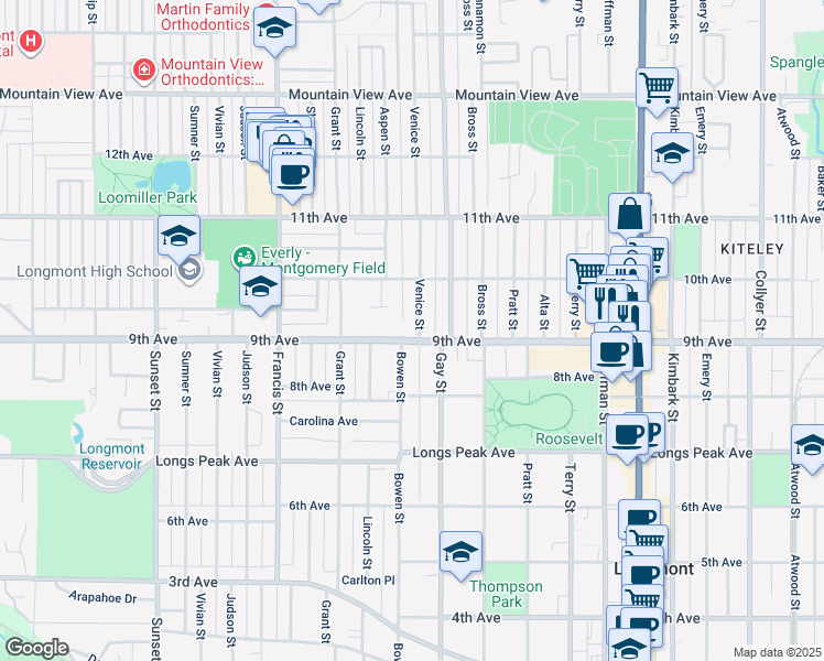 map of restaurants, bars, coffee shops, grocery stores, and more near 907 Venice Street in Longmont