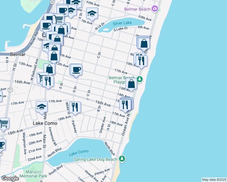 map of restaurants, bars, coffee shops, grocery stores, and more near 205 13th Avenue in Belmar