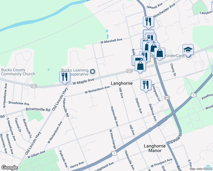 map of restaurants, bars, coffee shops, grocery stores, and more near 231 West Richardson Avenue in Langhorne