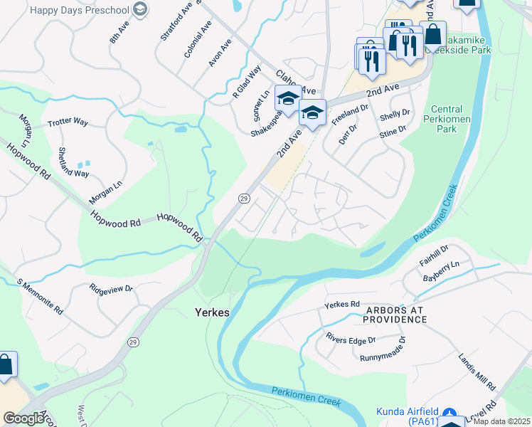 map of restaurants, bars, coffee shops, grocery stores, and more near 79 Yellow Wood Court in Collegeville