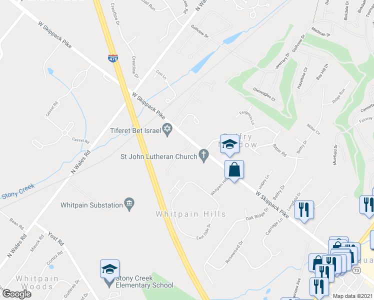 map of restaurants, bars, coffee shops, grocery stores, and more near 925 Ashford Lane in Blue Bell