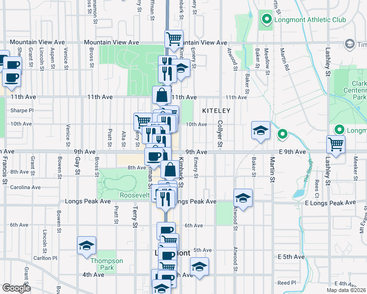 map of restaurants, bars, coffee shops, grocery stores, and more near 904 Kimbark Street in Longmont