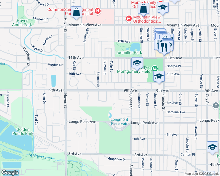 map of restaurants, bars, coffee shops, grocery stores, and more near 1920 9th Avenue in Longmont
