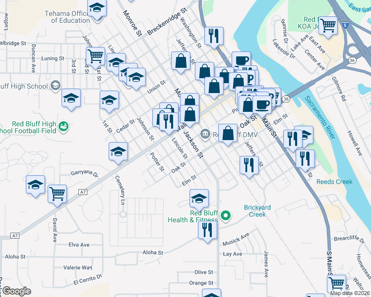 map of restaurants, bars, coffee shops, grocery stores, and more near 835 Pine Street in Red Bluff