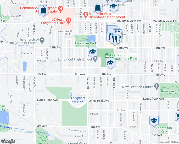 map of restaurants, bars, coffee shops, grocery stores, and more near 910 Sunset Street in Longmont
