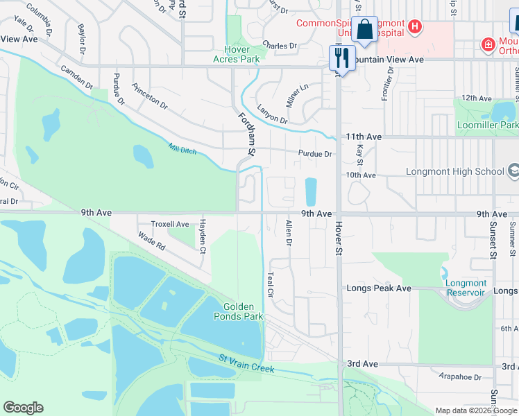 map of restaurants, bars, coffee shops, grocery stores, and more near 907 Reynolds Farm Lane in Longmont