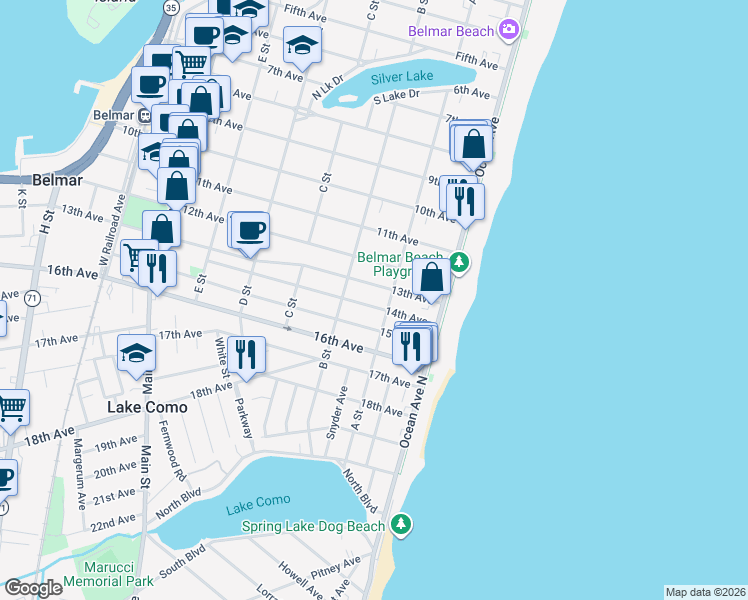 map of restaurants, bars, coffee shops, grocery stores, and more near 205 13th Avenue in Belmar