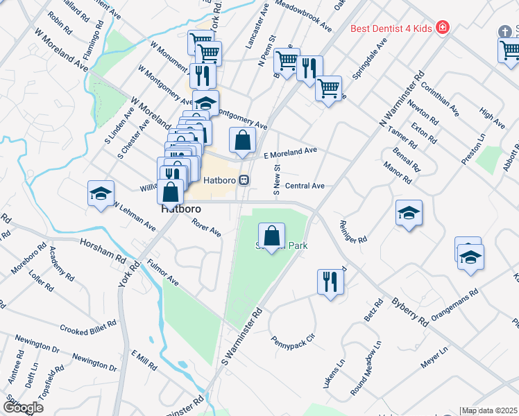map of restaurants, bars, coffee shops, grocery stores, and more near 138 Byberry Road in Hatboro