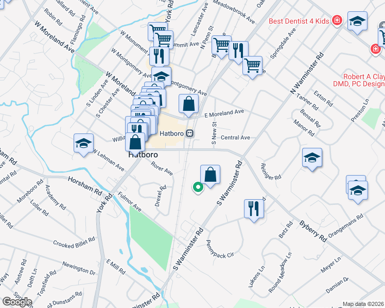 map of restaurants, bars, coffee shops, grocery stores, and more near 138 Byberry Road in Hatboro