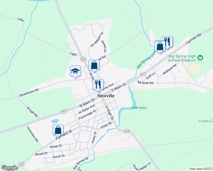 map of restaurants, bars, coffee shops, grocery stores, and more near 14 North Corporation Street in Newville