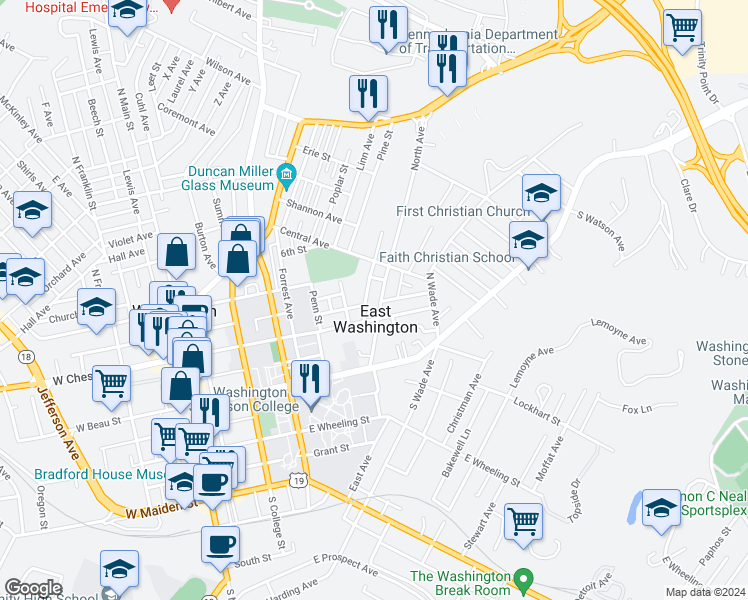 map of restaurants, bars, coffee shops, grocery stores, and more near 129 Ford Avenue in Washington