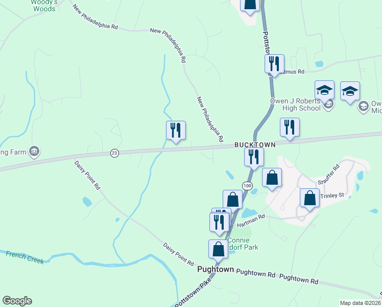 map of restaurants, bars, coffee shops, grocery stores, and more near 1134 Ridge Road in Pottstown