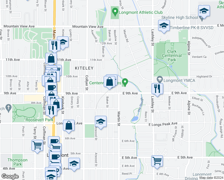 map of restaurants, bars, coffee shops, grocery stores, and more near 24 9th Avenue in Longmont