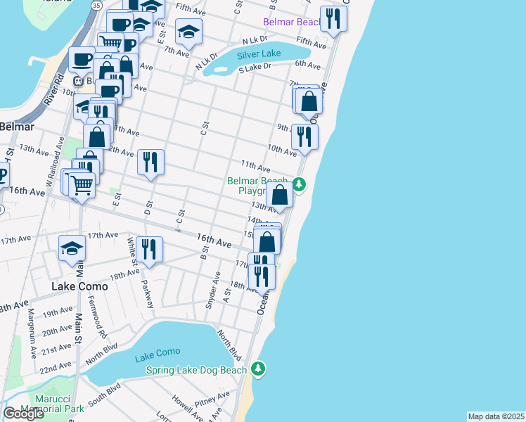 map of restaurants, bars, coffee shops, grocery stores, and more near 108 13th Avenue in Belmar
