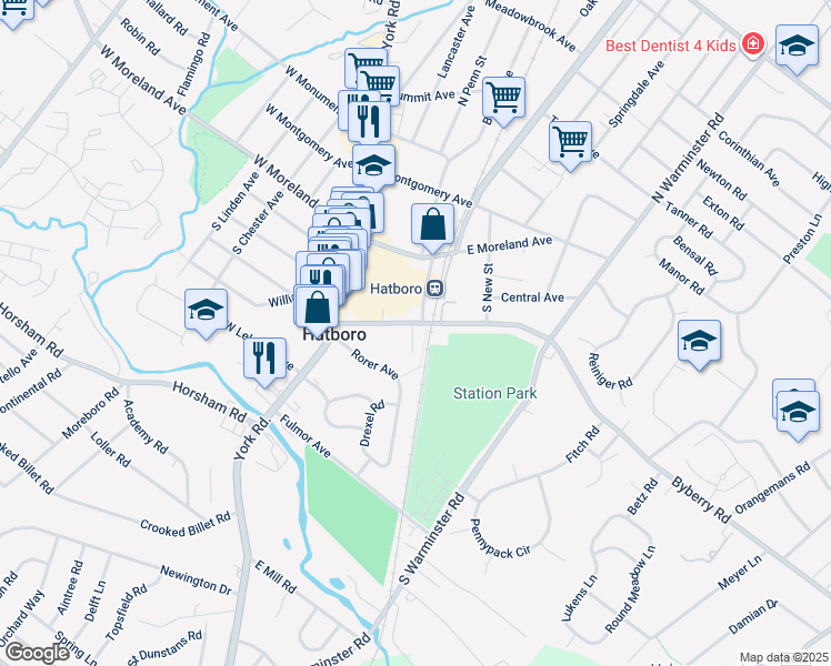 map of restaurants, bars, coffee shops, grocery stores, and more near 76 Byberry Road in Hatboro