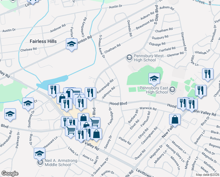 map of restaurants, bars, coffee shops, grocery stores, and more near 513 Valmore Road in Fairless Hills