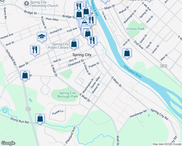 map of restaurants, bars, coffee shops, grocery stores, and more near 287 South Church Street in Spring City