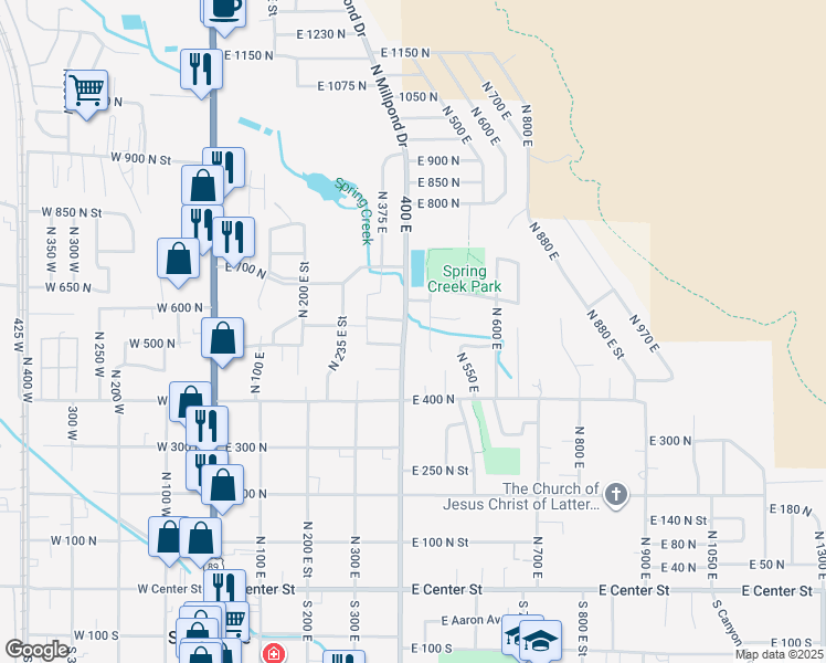 map of restaurants, bars, coffee shops, grocery stores, and more near 512 North 400 East in Springville
