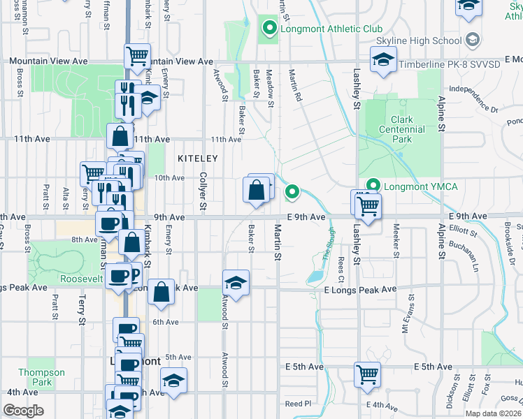 map of restaurants, bars, coffee shops, grocery stores, and more near 24 9th Avenue in Longmont