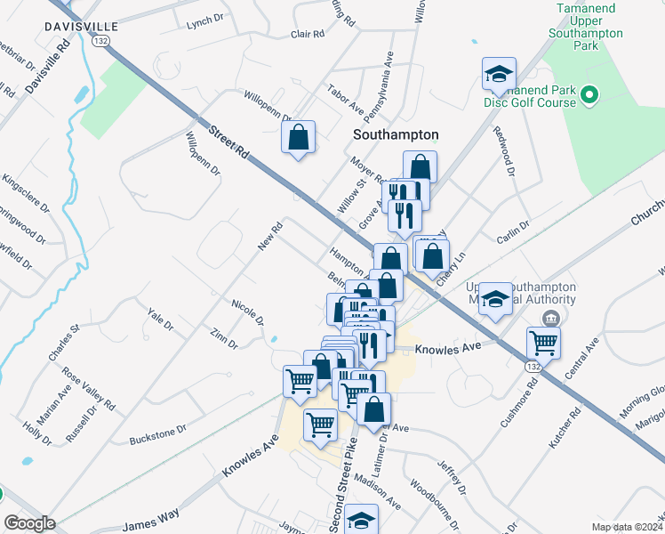 map of restaurants, bars, coffee shops, grocery stores, and more near 615 Belmont Avenue in Southampton