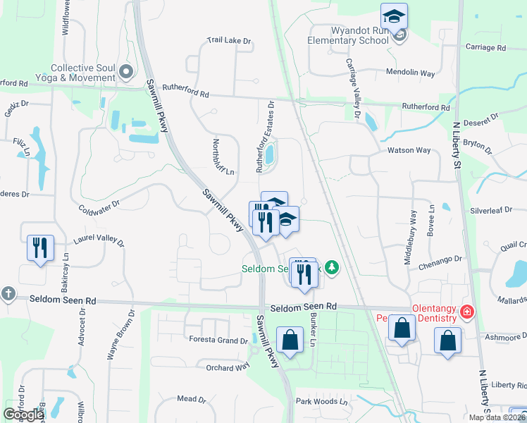 map of restaurants, bars, coffee shops, grocery stores, and more near in Powell