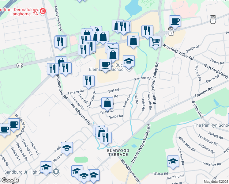 map of restaurants, bars, coffee shops, grocery stores, and more near 36 Turf Road in Levittown