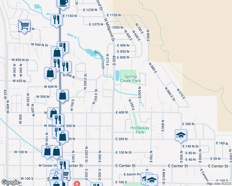 map of restaurants, bars, coffee shops, grocery stores, and more near 512 North 400 East in Springville