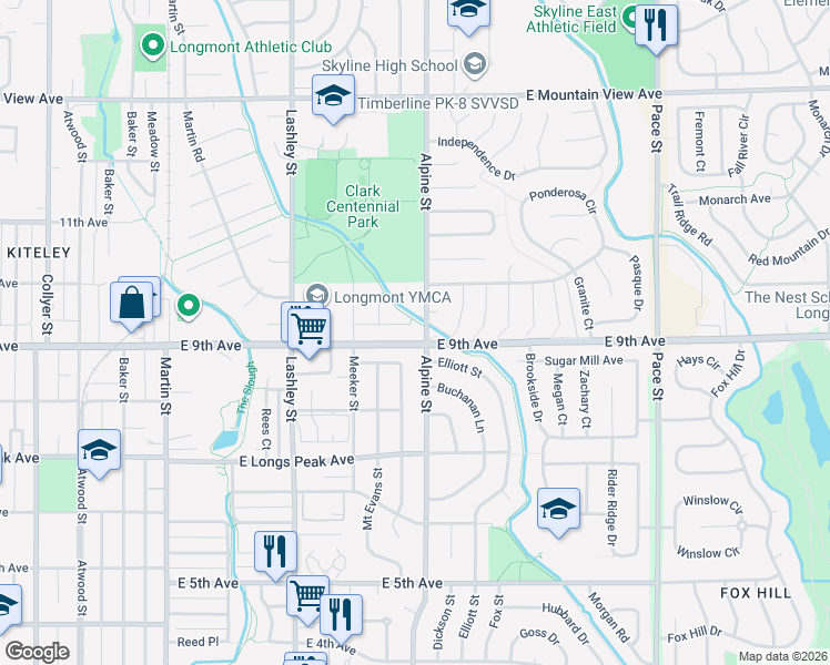 map of restaurants, bars, coffee shops, grocery stores, and more near 353 Chinook Avenue in Longmont