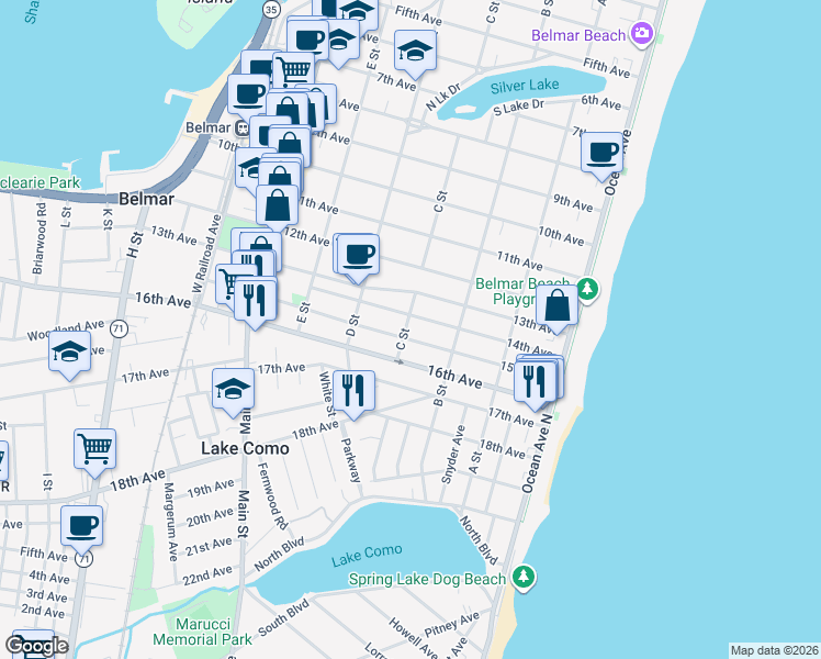 map of restaurants, bars, coffee shops, grocery stores, and more near 319 14th Avenue in Belmar