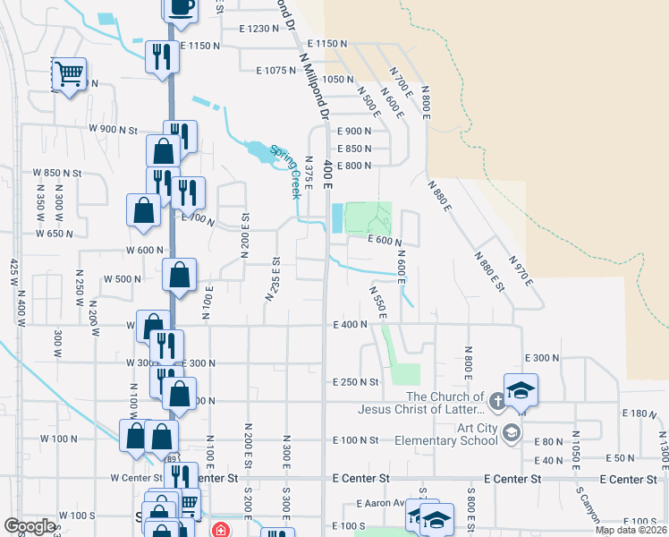 map of restaurants, bars, coffee shops, grocery stores, and more near 512 North 400 East in Springville