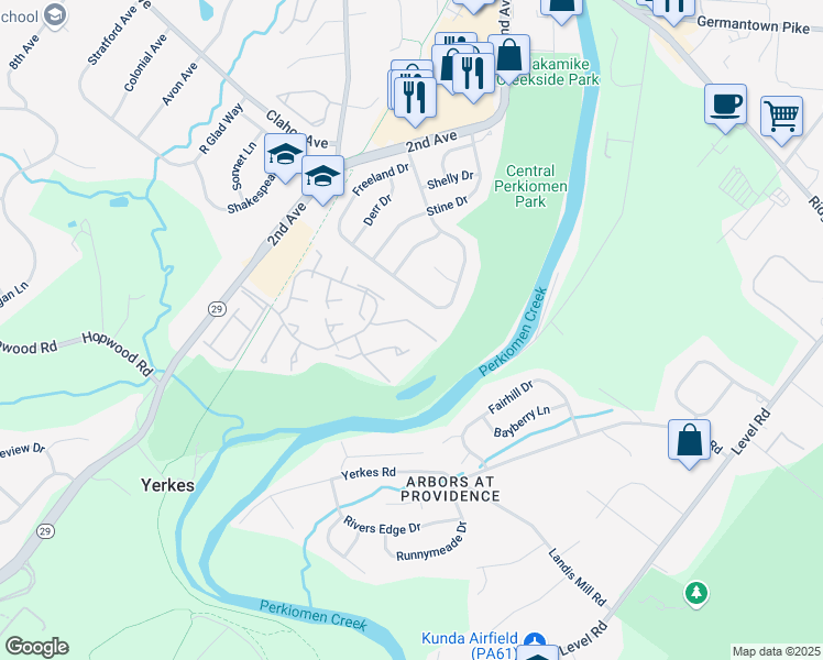 map of restaurants, bars, coffee shops, grocery stores, and more near 130 Larchwood Court in Collegeville