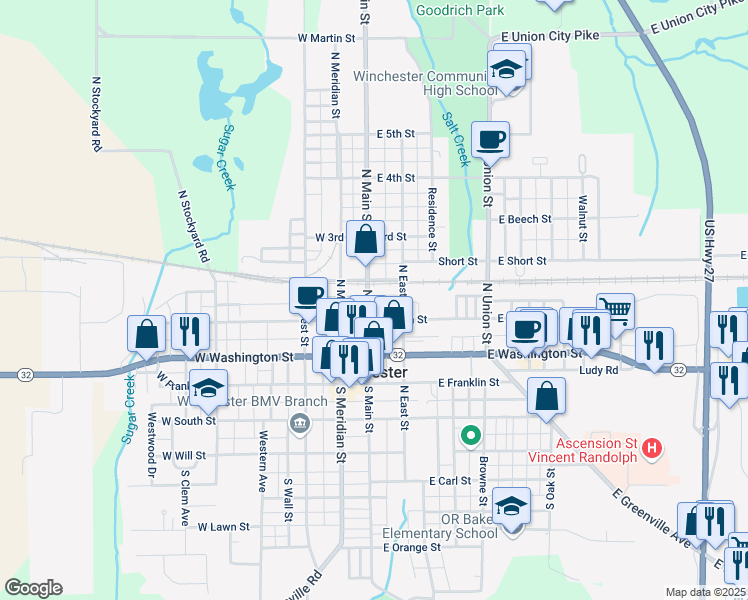 map of restaurants, bars, coffee shops, grocery stores, and more near 220 North Main Street in Winchester