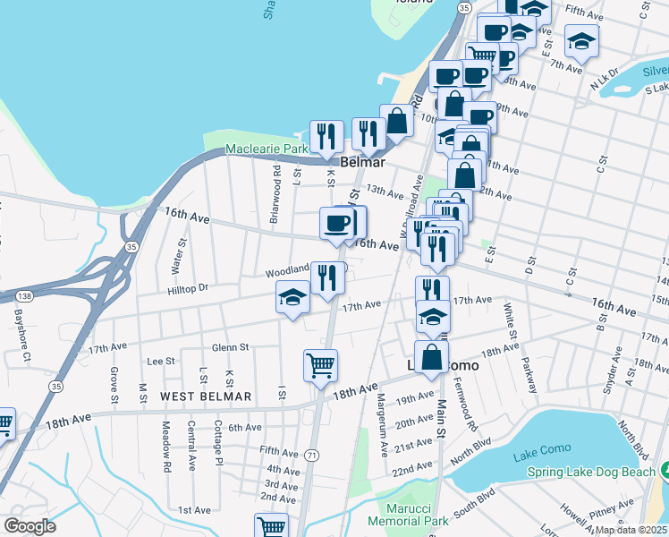 map of restaurants, bars, coffee shops, grocery stores, and more near 1613 New Jersey 71 in Wall Township