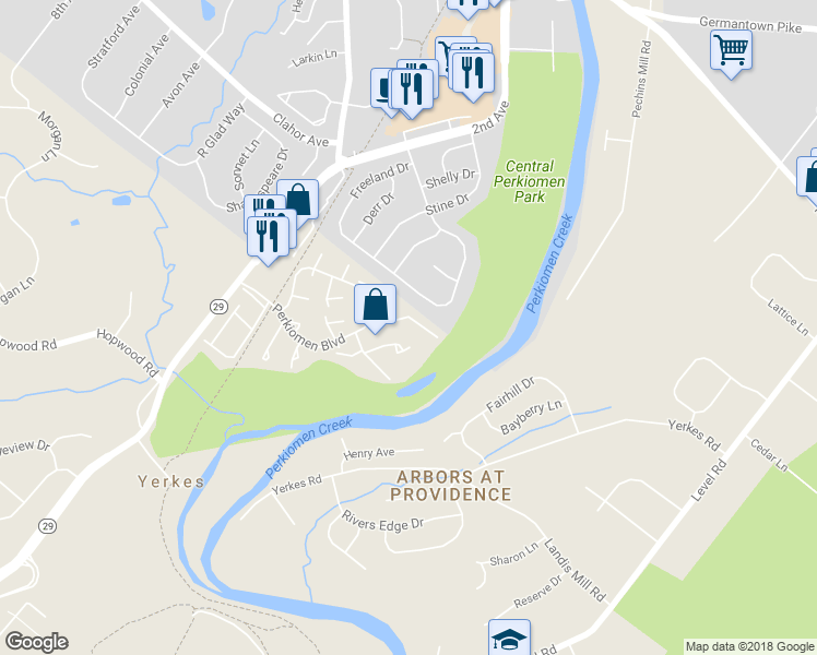 map of restaurants, bars, coffee shops, grocery stores, and more near 126 Larchwood Court in Collegeville