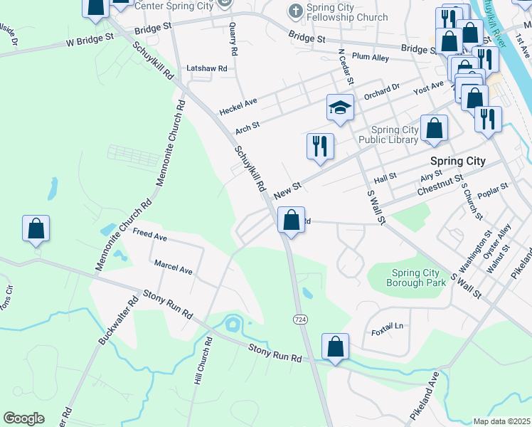 map of restaurants, bars, coffee shops, grocery stores, and more near 885 Buttonwood Avenue in Spring City