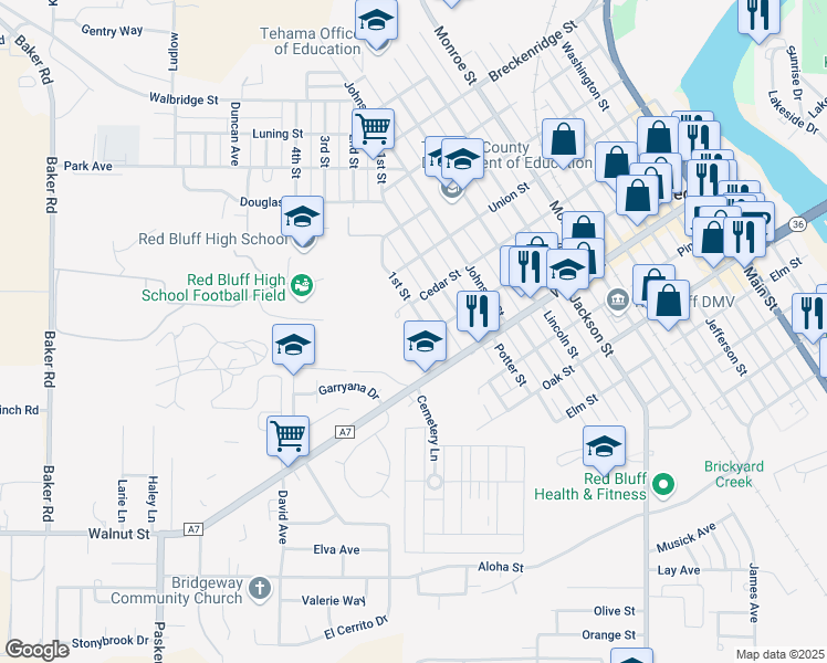 map of restaurants, bars, coffee shops, grocery stores, and more near 913 1st Street in Red Bluff