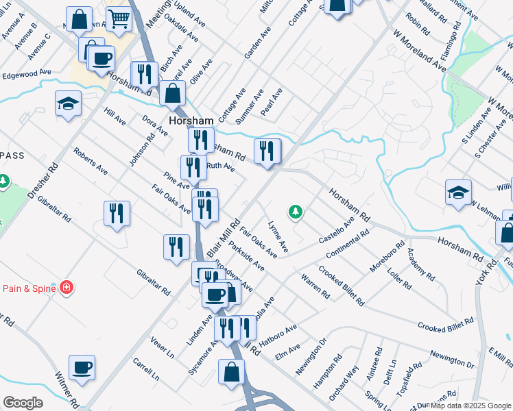 map of restaurants, bars, coffee shops, grocery stores, and more near 2804 Lynne Avenue in Hatboro