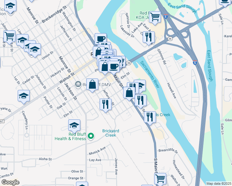map of restaurants, bars, coffee shops, grocery stores, and more near 398 Sycamore Street in Red Bluff
