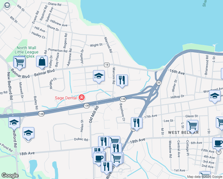 map of restaurants, bars, coffee shops, grocery stores, and more near 1437 Marconi Road in Wall Township