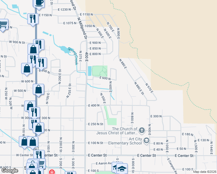 map of restaurants, bars, coffee shops, grocery stores, and more near 519 North 600 East in Springville