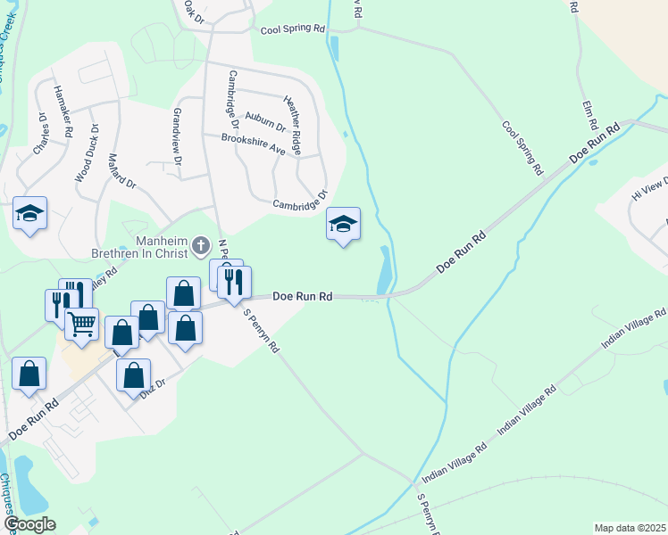 map of restaurants, bars, coffee shops, grocery stores, and more near 281 Doe Run Road in Manheim