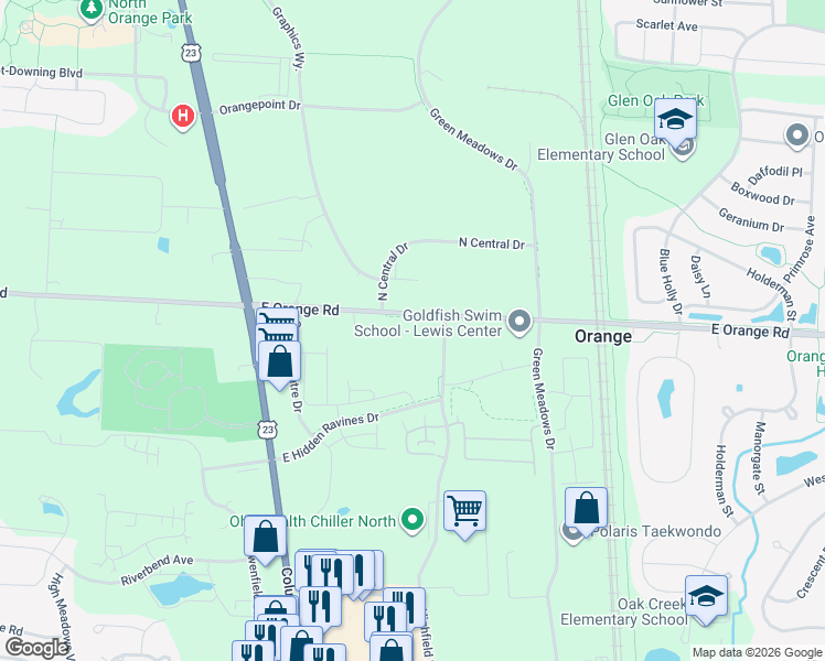 map of restaurants, bars, coffee shops, grocery stores, and more near 388 East Orange Road in Lewis Center