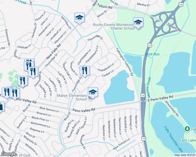 map of restaurants, bars, coffee shops, grocery stores, and more near 48 Timber Lane in Levittown