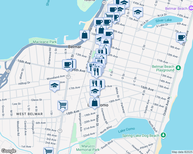 map of restaurants, bars, coffee shops, grocery stores, and more near 1607 Main Street in Lake Como