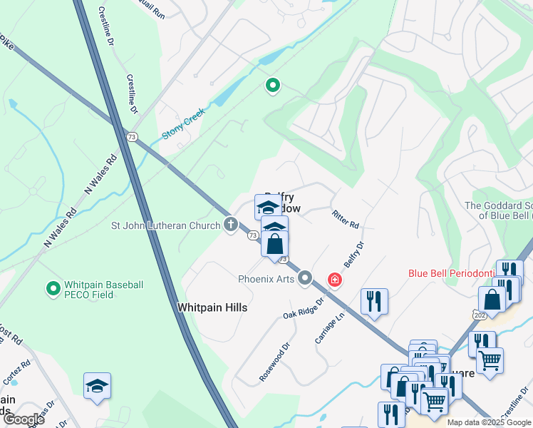 map of restaurants, bars, coffee shops, grocery stores, and more near 830 Mara Drive in Blue Bell